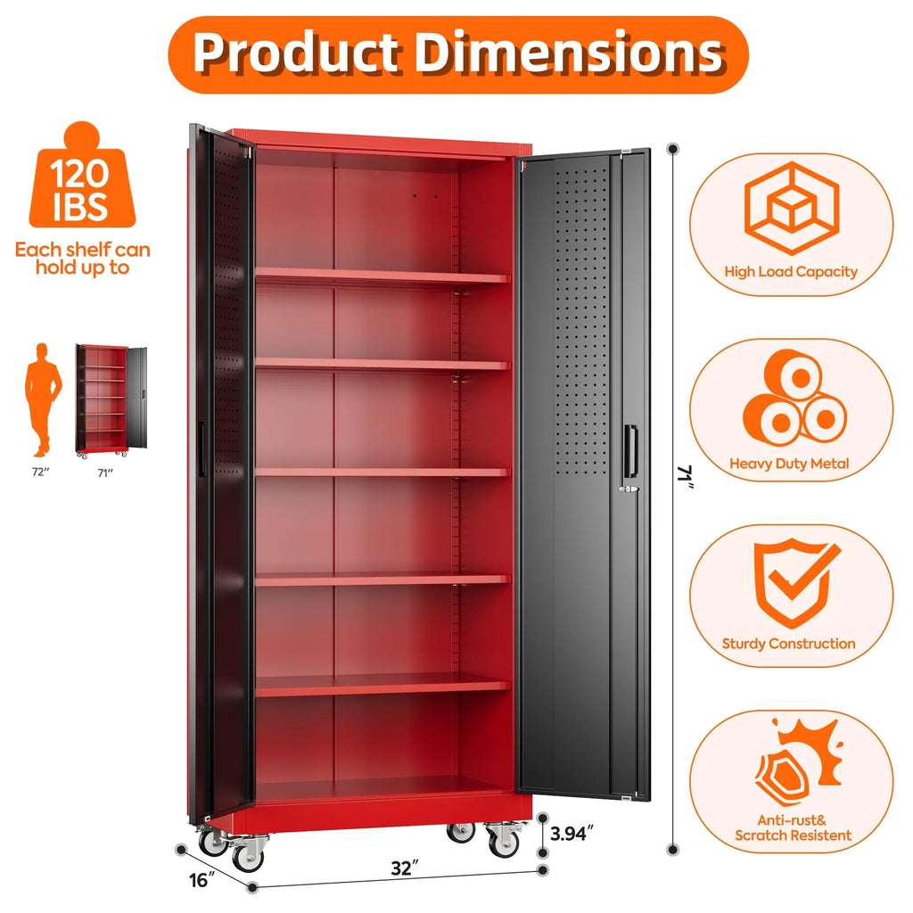 GangMei 71 inches Tall Metal Rolling Garage Storage Cabinets with Locking Doors and 5 Adjustable Shelves, Metal Storage Cabinet for Garage, Office, Home, Classroom, Assemble Required(Black)