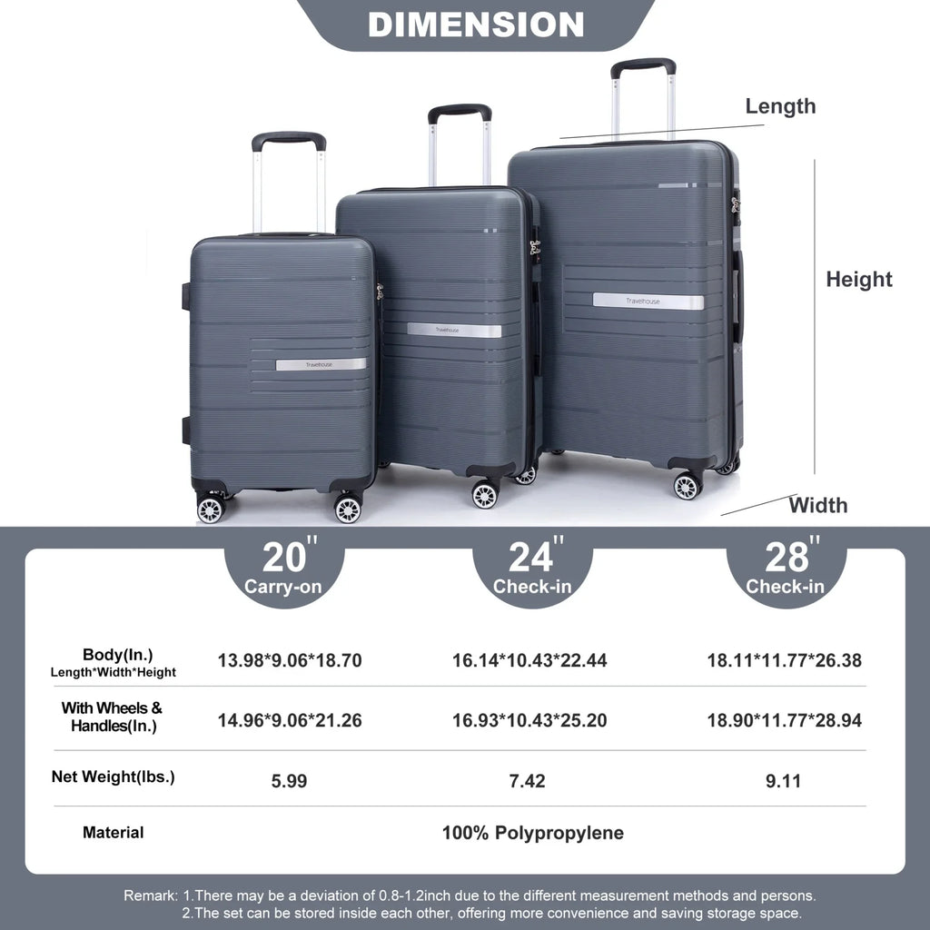 Lightweight PP Suitcase Sets with Spinner Wheels TSA Lock, Hardshell Luggage Sets for Travel Trips, 3-Piece Set (20in/24in/28in), Light Green