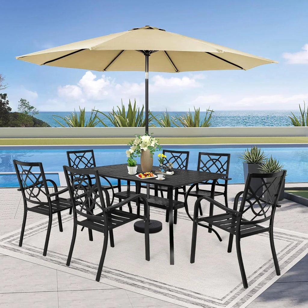 SUNCROWN 5-Piece Outdoor Wrought Iron Chairs and Table Patio Dining Furniture Set - 4 Stackable Metal Chairs, 1 Steel Slat Bistro Table and 1 Sky Blue 9Ft Patio Umbrella for Garden Backyard Deck