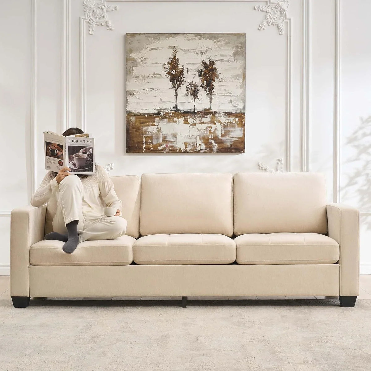 GarveeHome 3 Seat Sofa Couch, 89" Modern Sofa with Armrests, Comfy Couch Sofa with Extra Deep Seat Couches for Living Room Bedroom Apartment and Office, Chenille Beige