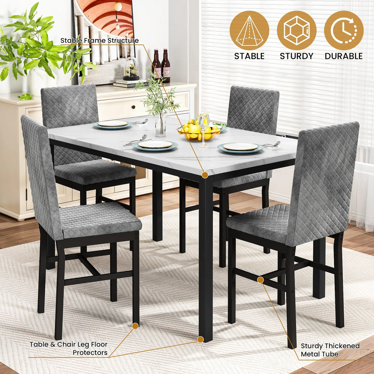 Baxluxe Dining Table Set for 4, Modern 5 Piece Dining Table Set, Faux Marble Kitchen Table and 4 Velvet Upholstered Chairs for Apartments, Dining Rooms, Small Spaces, Gray