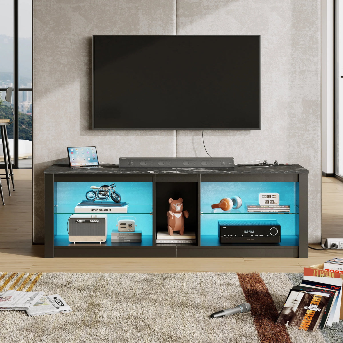 Bestier Entertainment Center with LED Lights TV Stand Media Console Table for TVs up to 60" in Light Grey