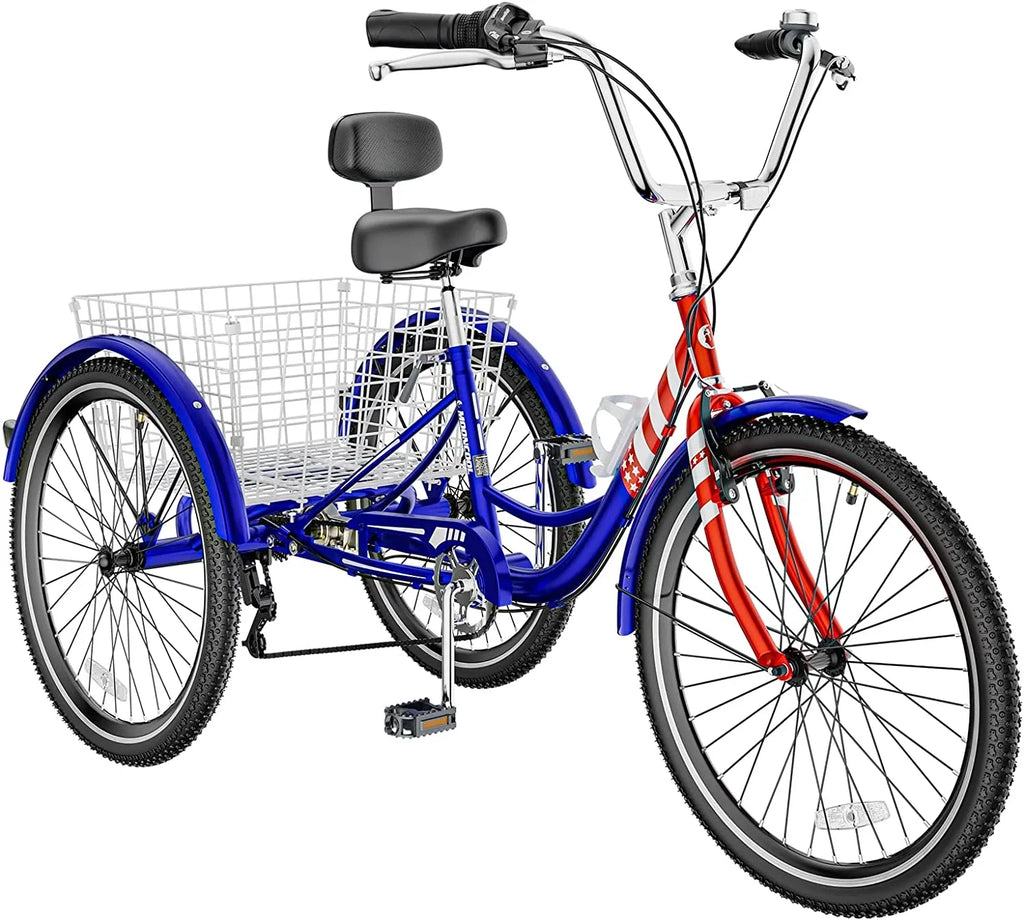MOONCOOL Adult Tricycles with Rear Basket & Inflator, 24 26 inch 7 Speed 3 Wheel Bikes, Three-Wheeled Bicycles Adult Trike with Backrest for Seniors, Women, Men