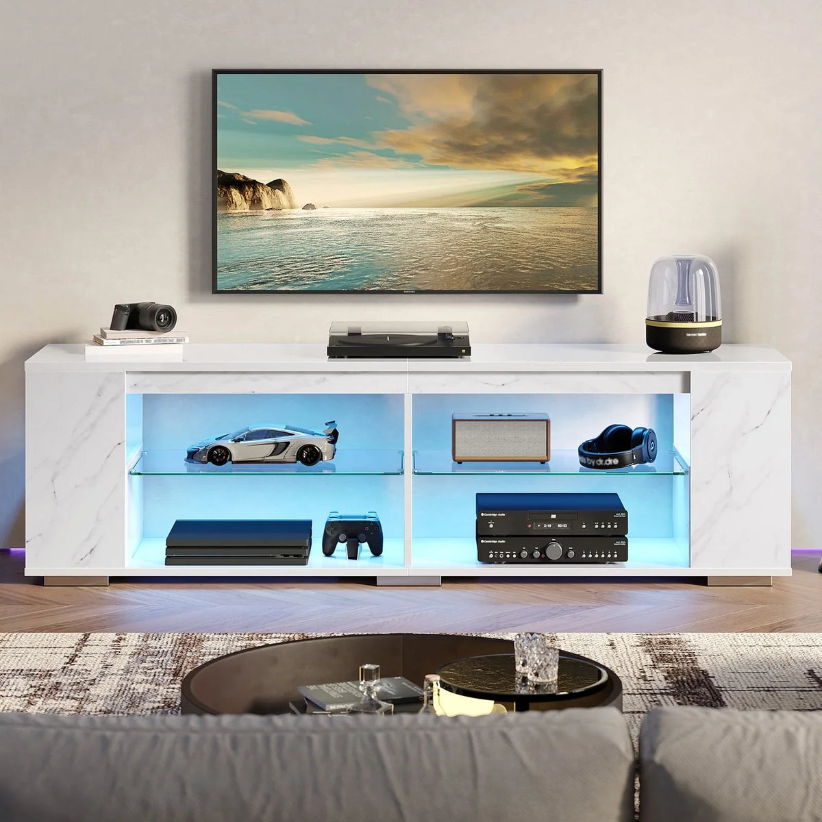 Pinmoco 47'' TV Stand for TVs up to 55", Gaming Entertainment Center with LED Lights, Black