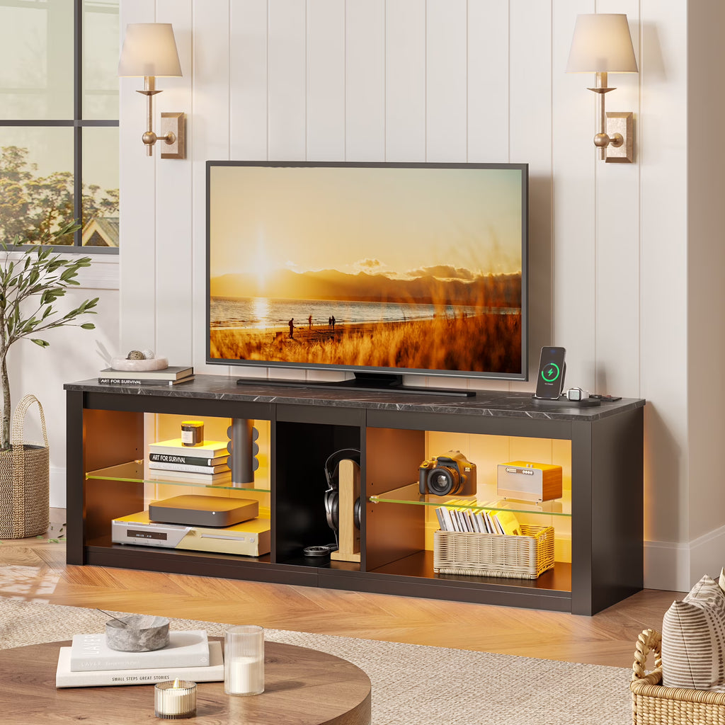 Bestier Entertainment Center with LED Lights TV Stand Media Console Table for TVs up to 60" in Light Grey