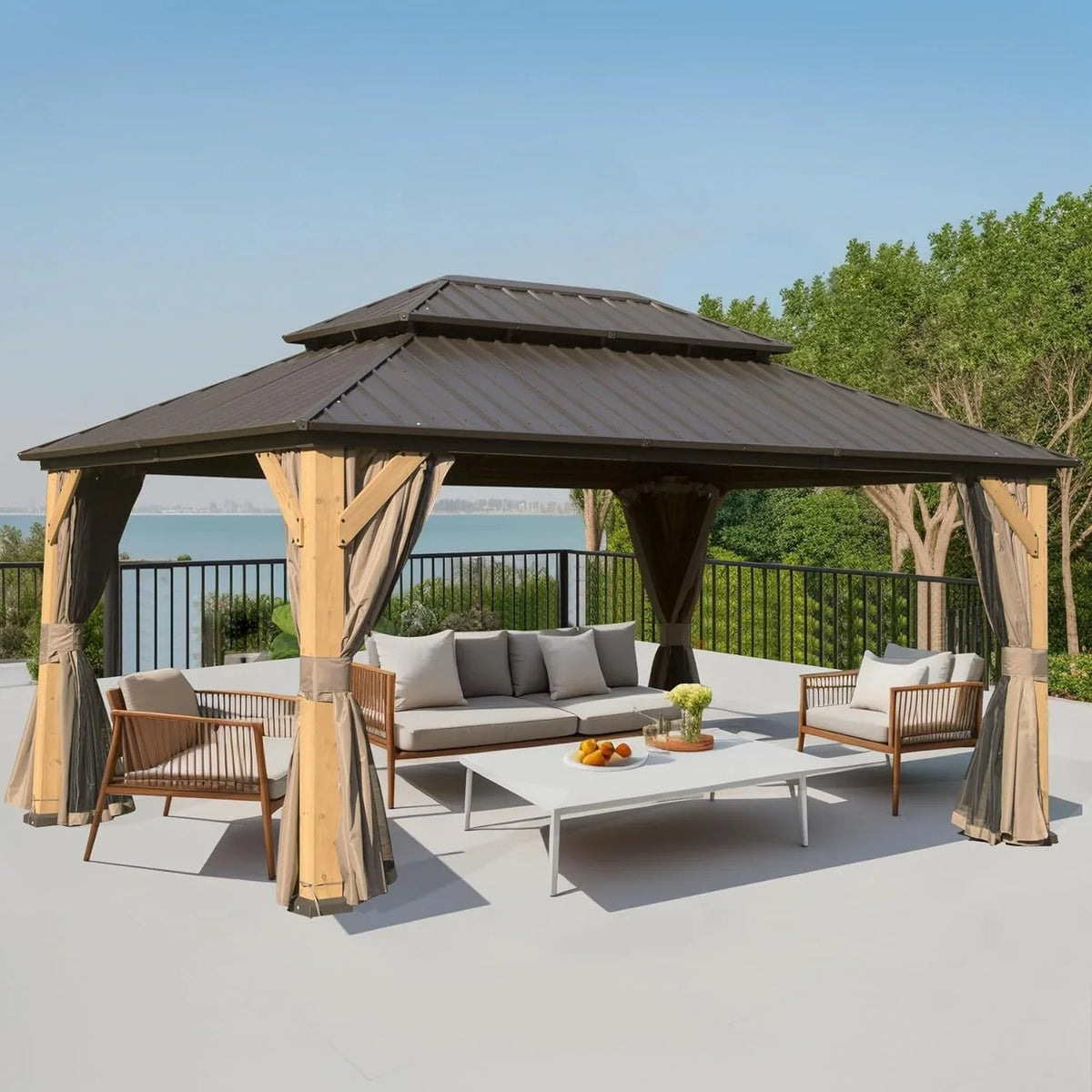 Domi 12x20 ft Wood Gazebo, Cedar Wood Frame Hardtop Gazebo with Galvanized Steel Double Roof, Outdoor Gazebo with Netting and Curtains, Patio Gazebo Pergola Pavilion for Patio, Backyard, Deck, Lawns