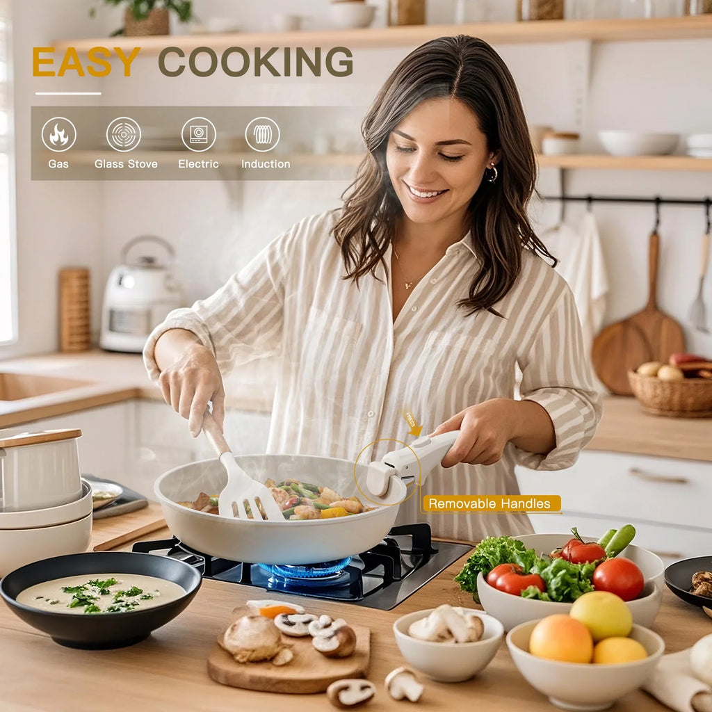 Astercook 22 Piece Ceramic Pots and Pans Set Non Stick, Cookware Set with Detachable Handles, Oven Safe, Induction Ready, Stackable RV Kitchen Cooking Set, Cream White