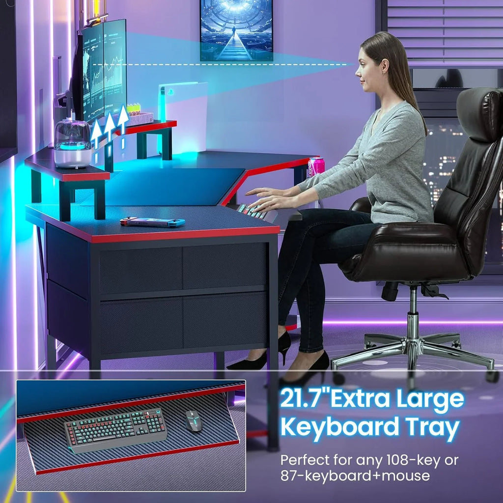 79" Gaming Desk with LED Lights and Power Outlets, U Shaped Desk with Monitor Stand and Drawers, Gaming Table with Keyboard Tray, Cup Holder and CPU Stand for Bedroom, Carbon Fiber Black