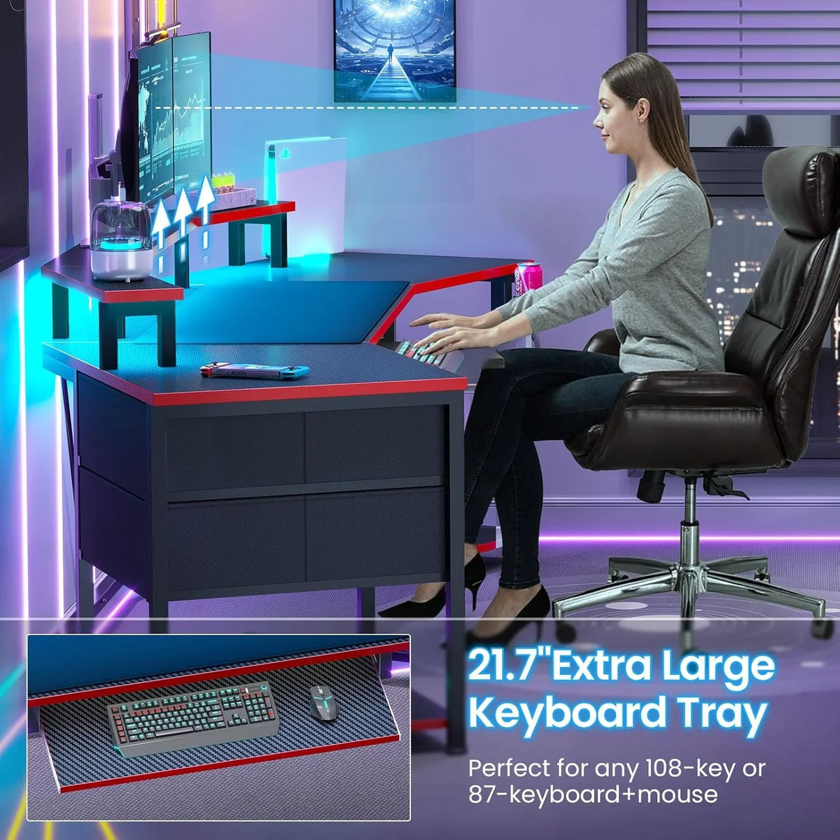 79" Gaming Desk with LED Lights and Power Outlets, U Shaped Desk with Monitor Stand and Drawers, Gaming Table with Keyboard Tray, Cup Holder and CPU Stand for Bedroom, Carbon Fiber Black