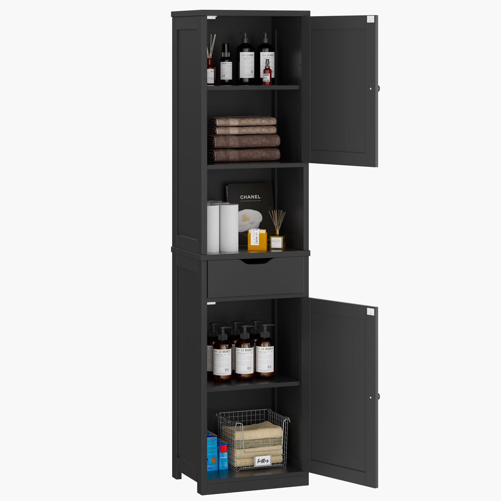 Walsunny Bathroom Storage Cabinet 64" Tall Wooden Kitchen Cupboard Pantry Cabinet with Doors Shelves Drawer Black