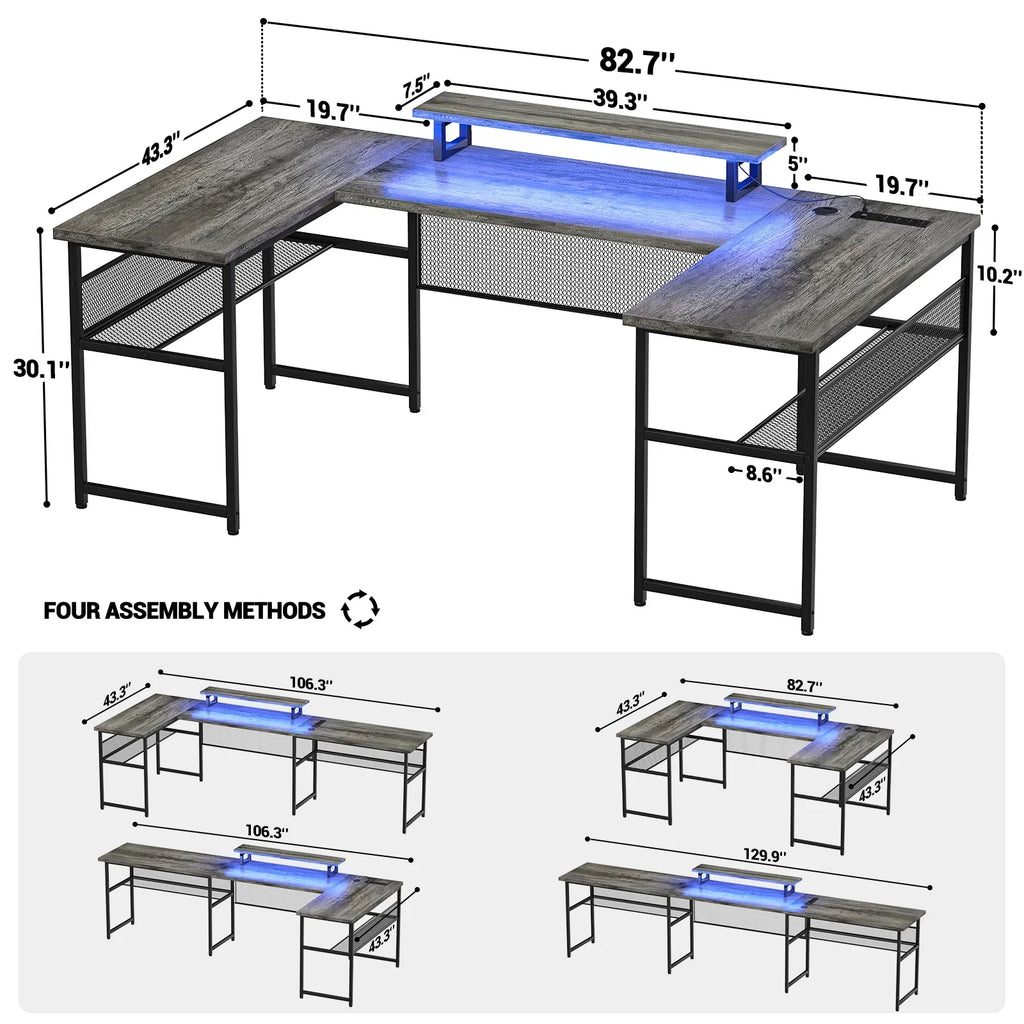 Homieasy U Shaped Desk with Power Outlet and LED Strips, 129.9'' Ergonomic L-Shaped Gaming Desk with Monitor Stand, Reversible Corner Computer Desk with Storage Shelf for Home Office, White Oak