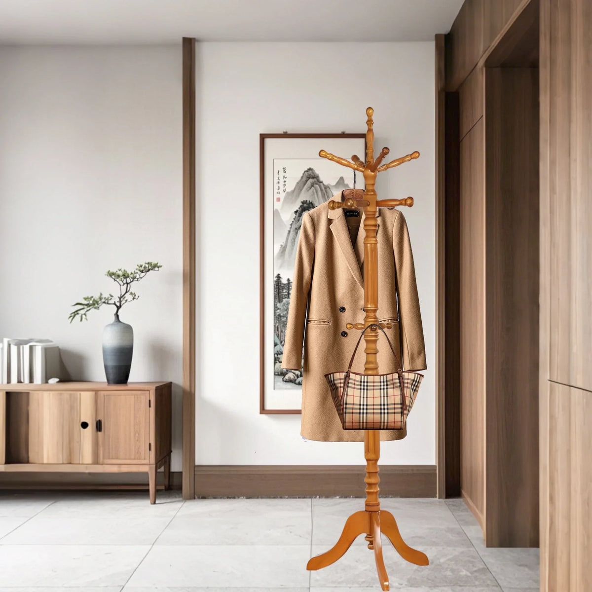 swing 73" Wooden Coat Rack Stand,Coat Racks Freestanding With 14 Hooks And Solid Round Base Heavy Duty Adjustable Height Hall Tree Coat Rack for Entryway Hallway Foyer Office Bedroomf