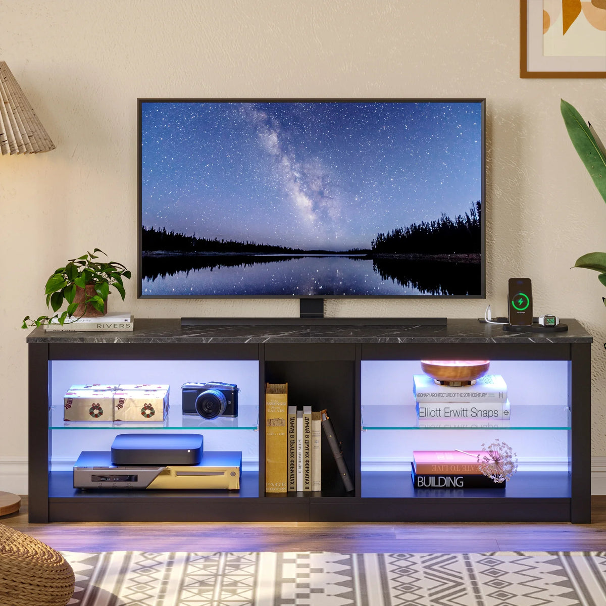 Bestier Entertainment Center with LED Lights TV Stand Media Console Table for TVs up to 60" in Light Grey