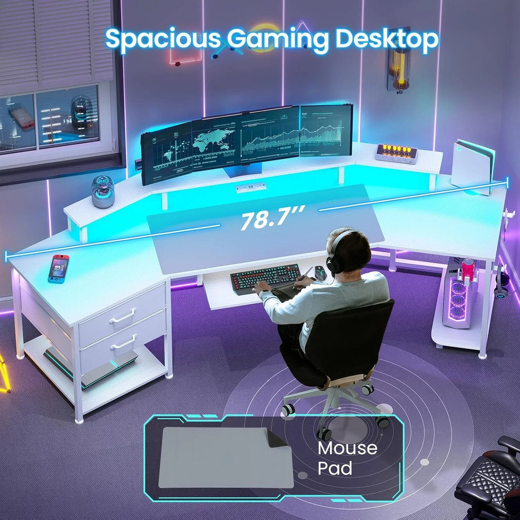 79" Gaming Desk with LED Lights and Power Outlets, U Shaped Desk with Monitor Stand and Drawers, Gaming Table with Keyboard Tray, Cup Holder and CPU Stand for Bedroom, Carbon Fiber Black