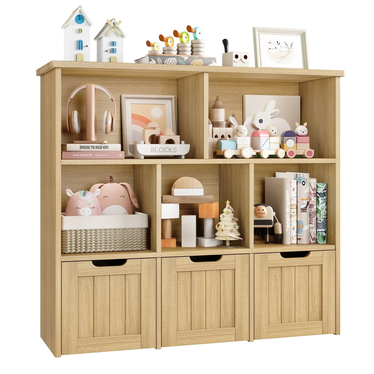 Homfa Toy Storage Organizer with 3 Movable Drawers, 5 Cube Kids Bookcase for Playroom, Storage Cabinet for Living Room, White Finish