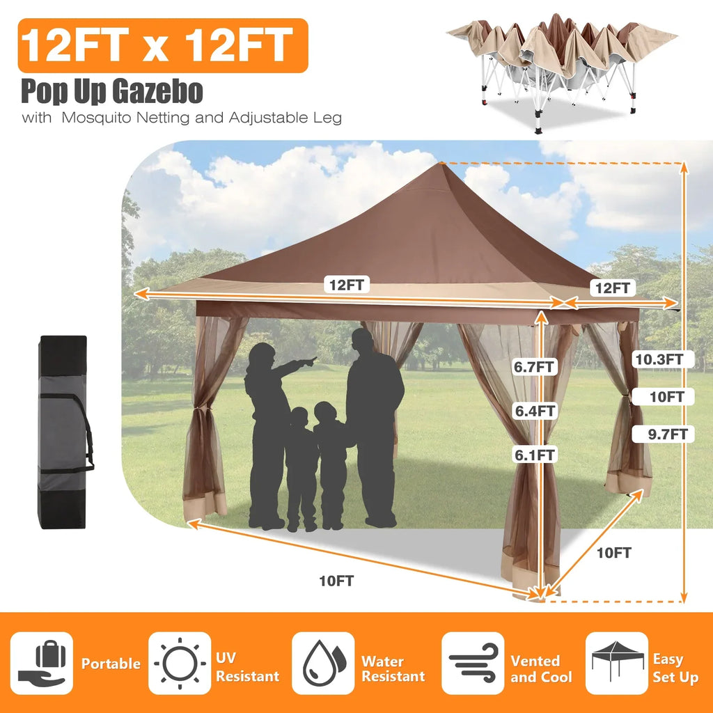 HOTEEL 12x12 Outdoor Pop-up Gazebo Canopy with Mosquito Netting 2-Tiered Vented Top 3 Adjustable Height for Backyard, Garden, Lawn,Light Grey