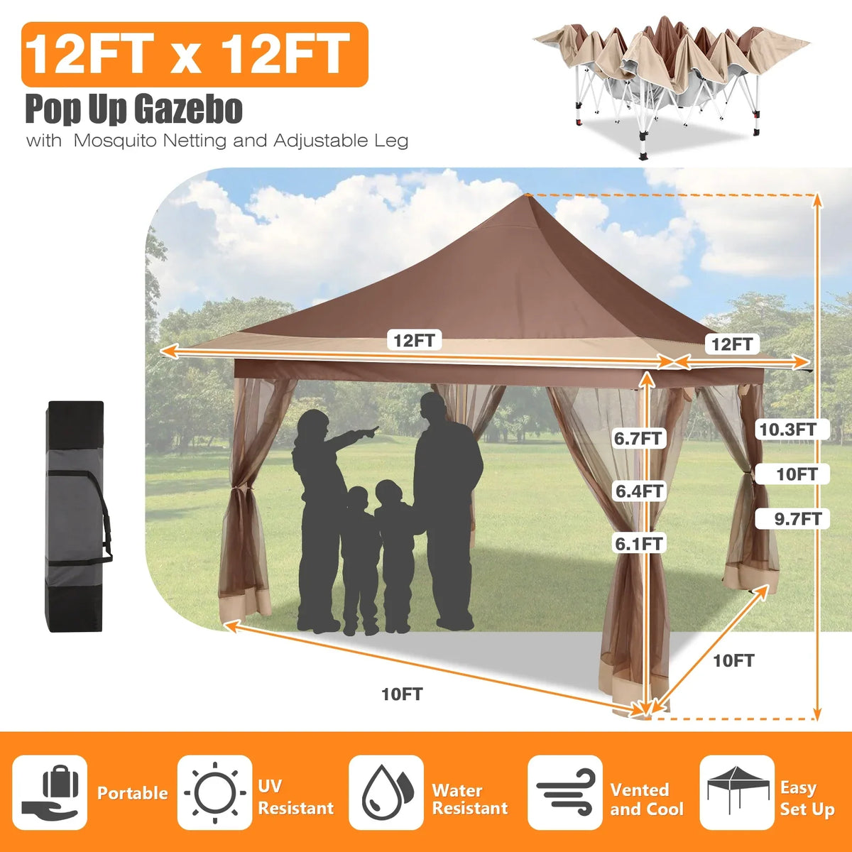 HOTEEL 12x12 Outdoor Pop-up Gazebo Canopy with Mosquito Netting 2-Tiered Vented Top 3 Adjustable Height for Backyard, Garden, Lawn,Light Grey