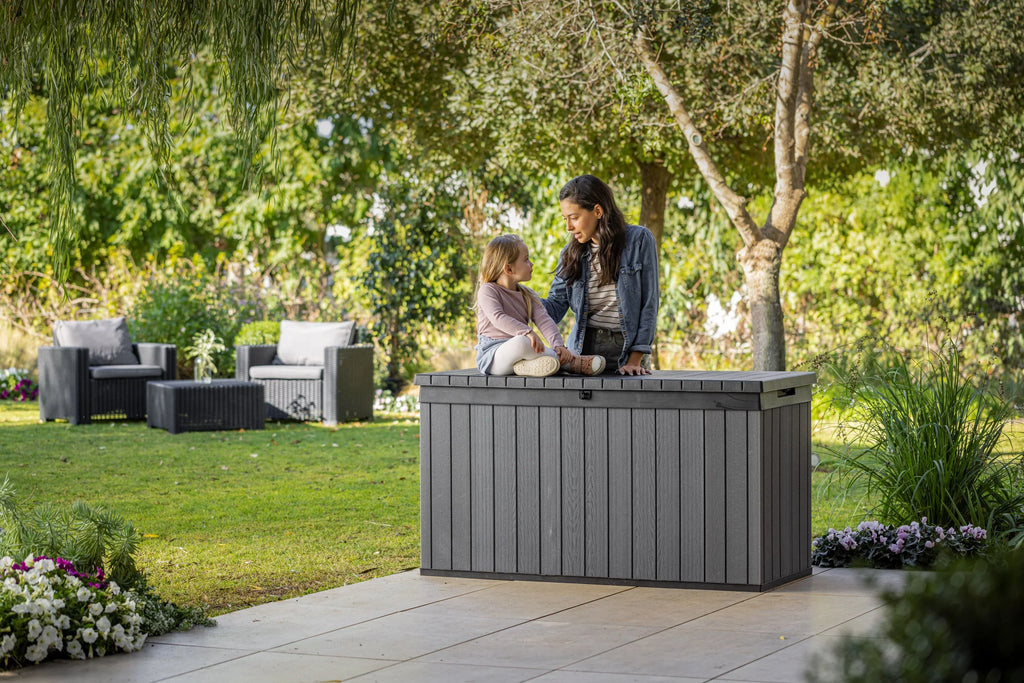 Keter Darwin 100 Gallon Large Resin Deck Box for Patio Outdoor Storage, Grey