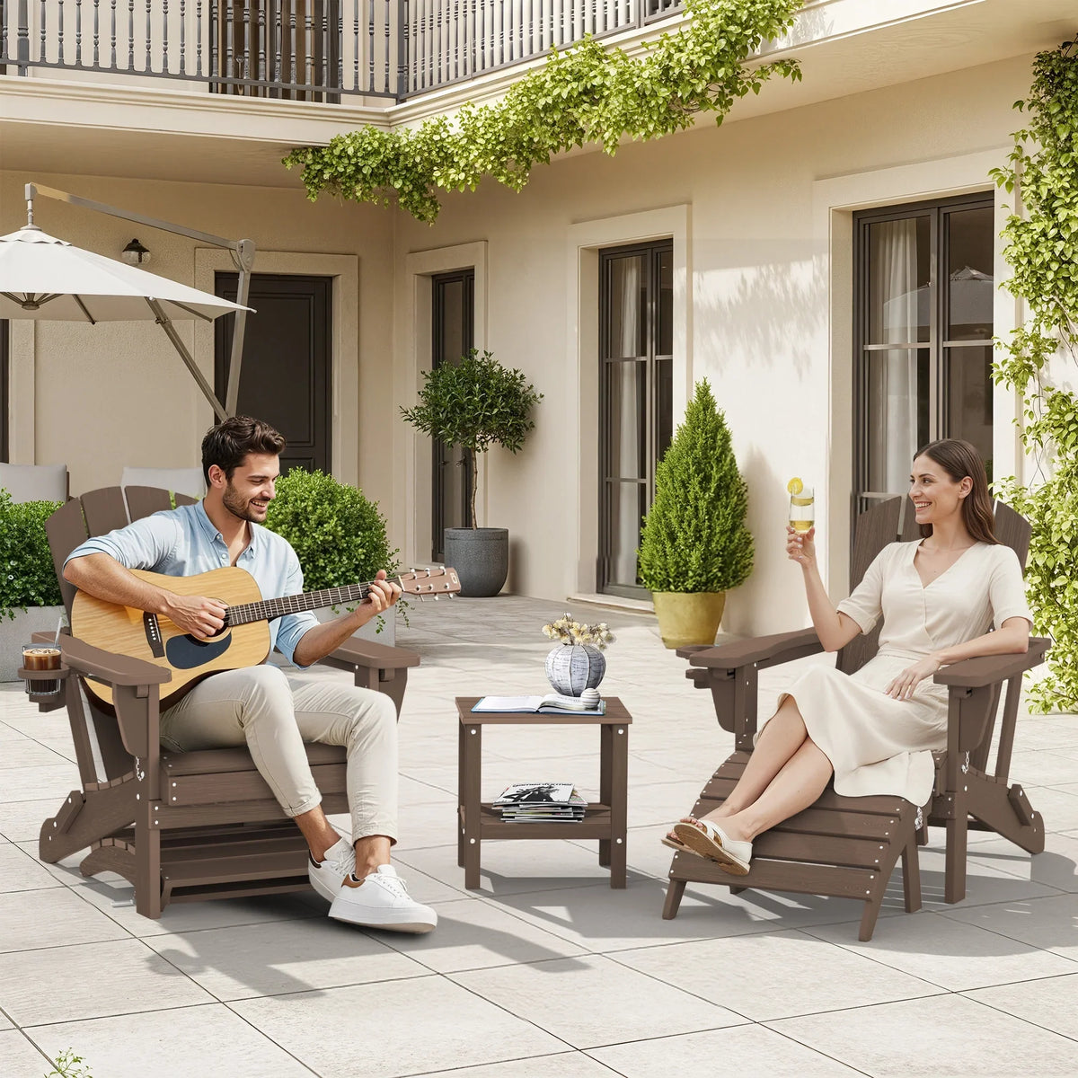 SERWALL Outdoor Adjustable Folding HDPE Adirondack Chairs Set of 2 with Cup Holder, Gray