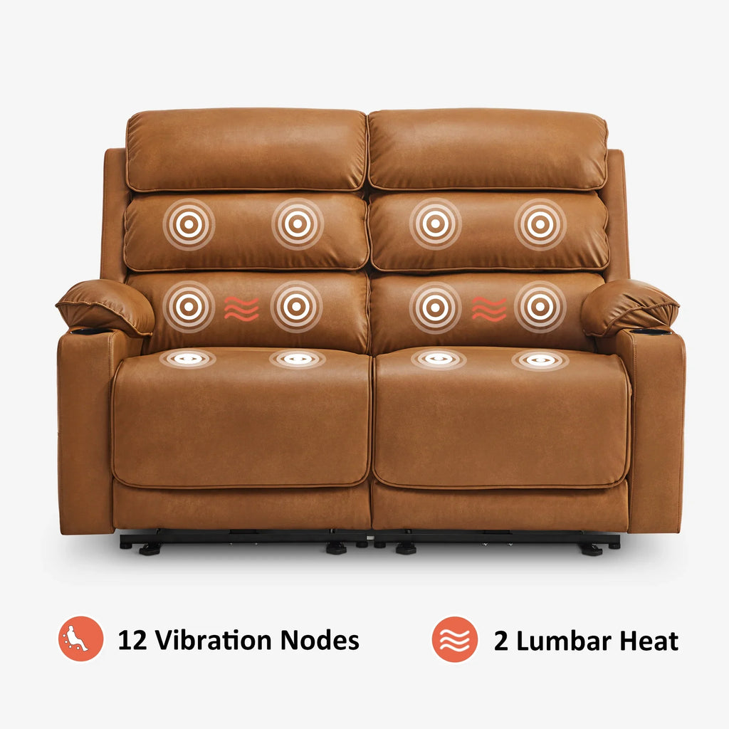 MCombo 63.4" Power Loveseat Recliner Sofa with Adjustable Headrest, Heat and Massage for Living Room, Faux Leather(Light Grey)