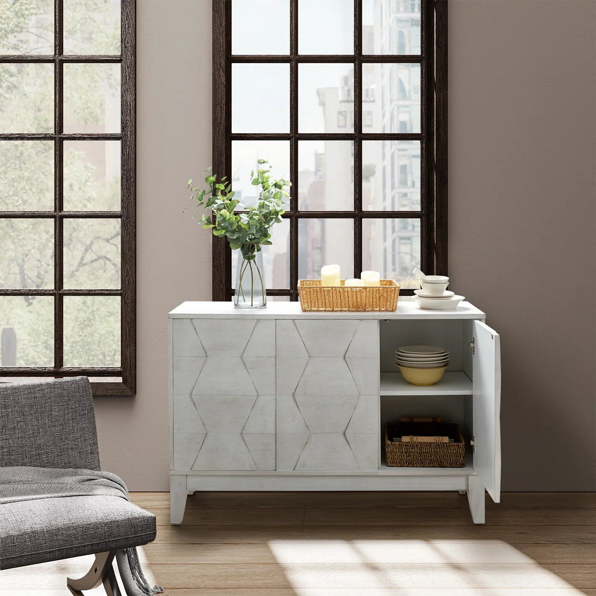 Wooden 45" Sideboard Buffet Cabinet 2 Doors with Adjustable Shelves Living Room Entryway Bedroom Walnut