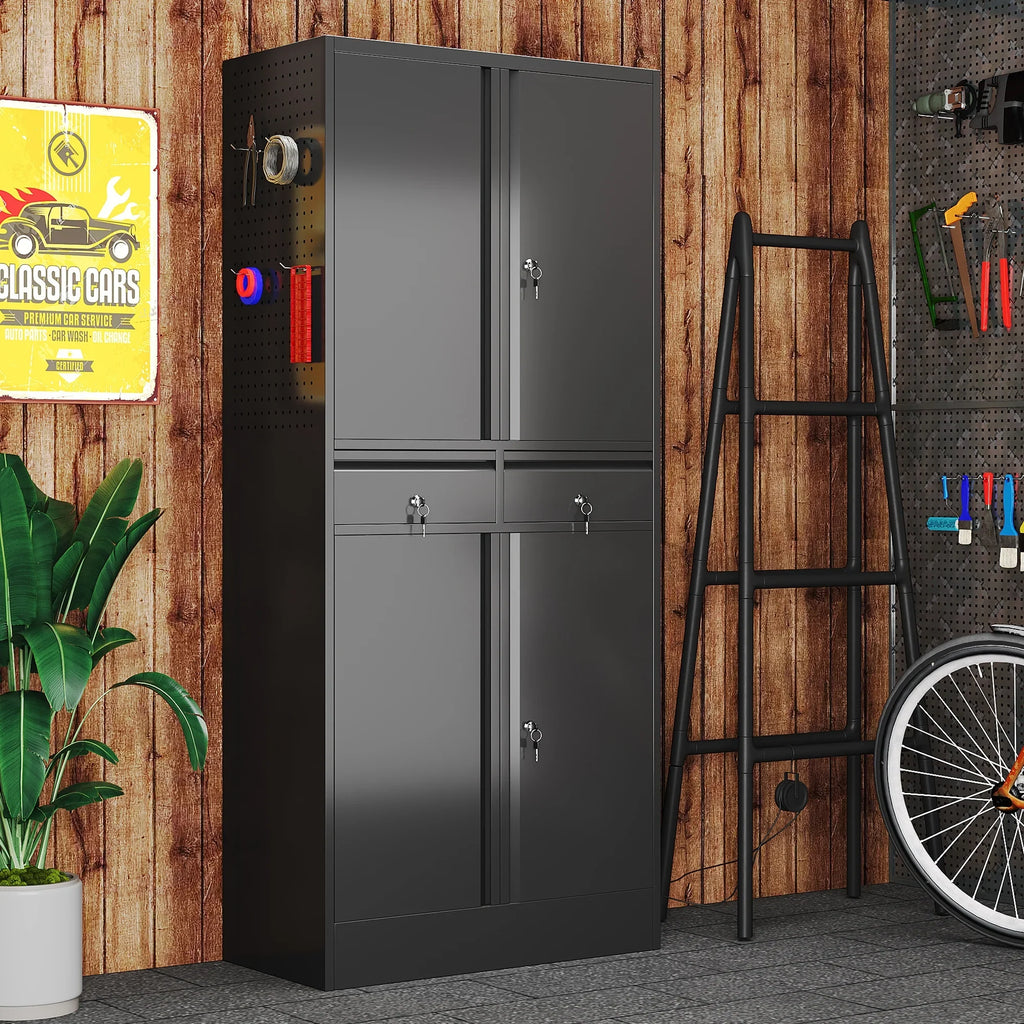 GAEANET 2 Door Metal Storage Cabinet with 5 Adjustable Shelves &Pegboard, 71" H"32" W"16" D Locking Steel Garage Cabinet, for Garage,Office,Home,Gym,School, File Cabinet,Assembly Required, Black