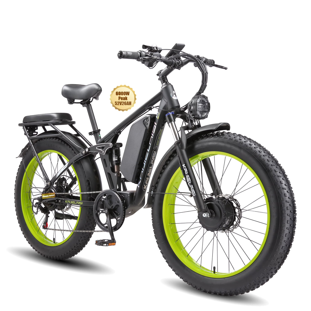 KAIJIELAISI Electric Bike for Adults,AWD Ebikes Dual Motor Peak 6000W, 26'' Fat Tire bikes with 52V 26AH Battery Hydraulic Brake. Electric Bicycle, 7 Speed Mountain EBike UL 2849.