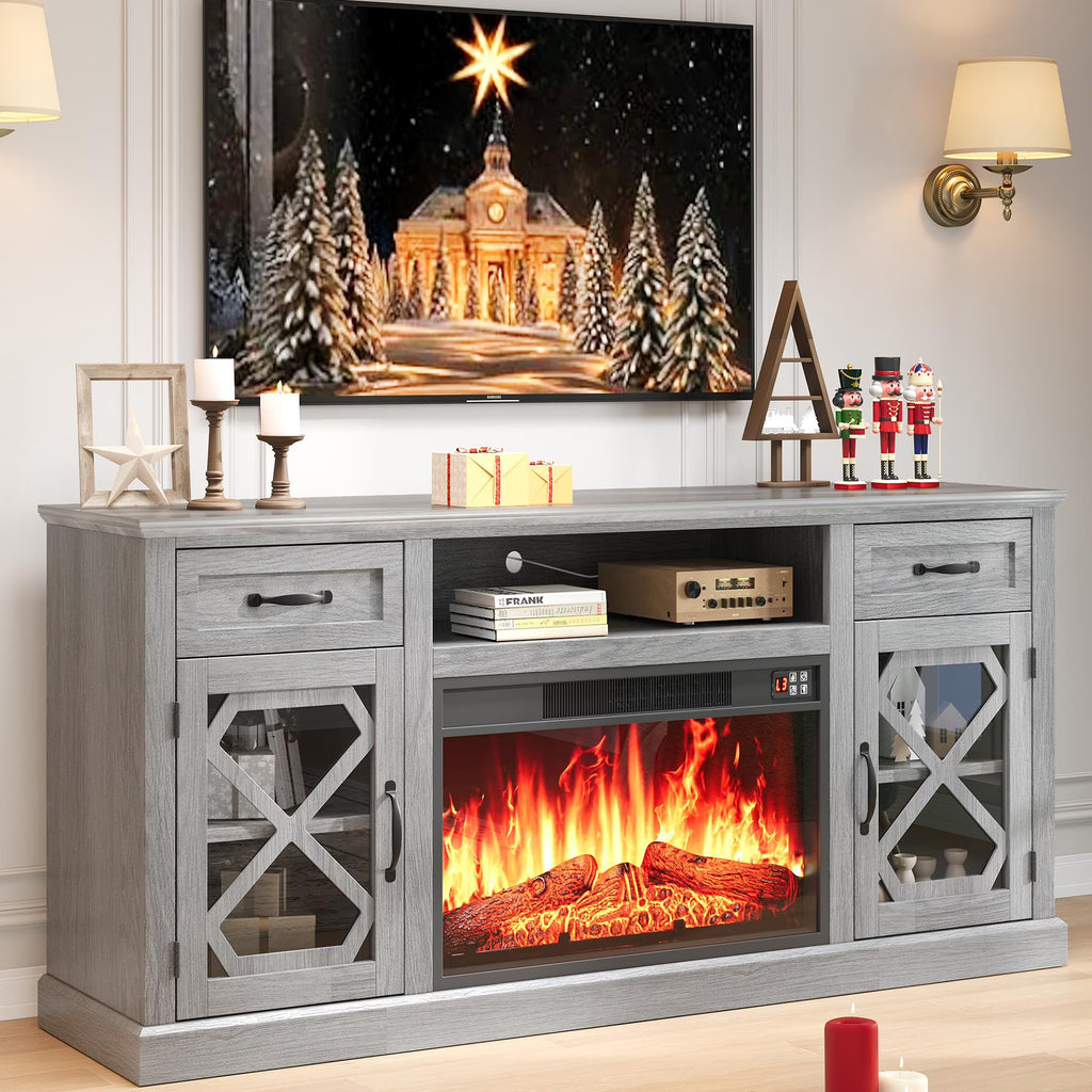 PAPROOS Fireplace TV Stand for 65 Inch TV, Modern Farmhouse TV Cabinet with 23'' Electric Fireplace, Entertainment Center Television Console Table for Living Room, Black+Brown