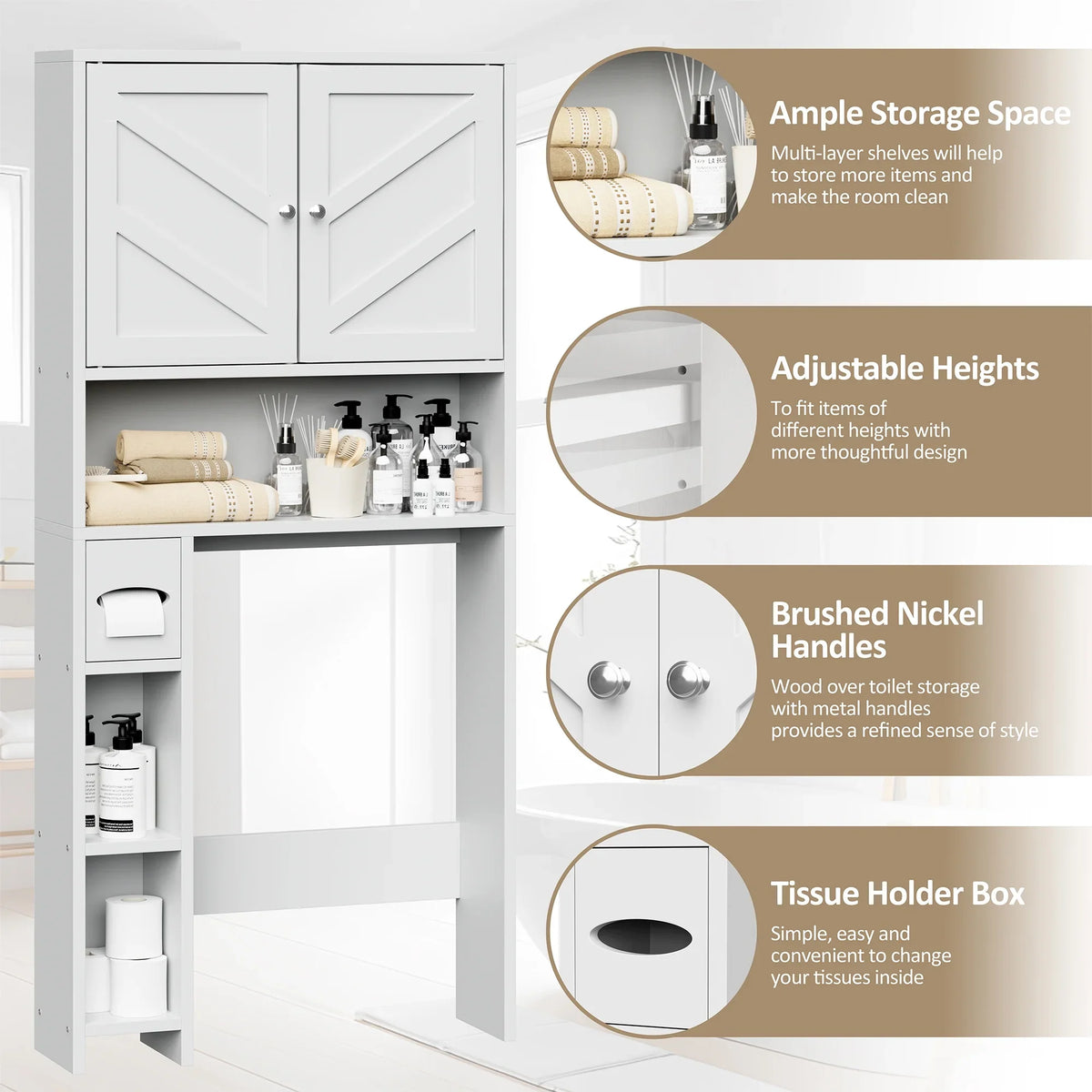 Walsunny Over the Toilet Storage Cabinet with Doors Side Storage Toilet Paper Holder Stand Space Saver Shelf Organizer Rack Freestanding for Restroom Bathroom Laundry Gray
