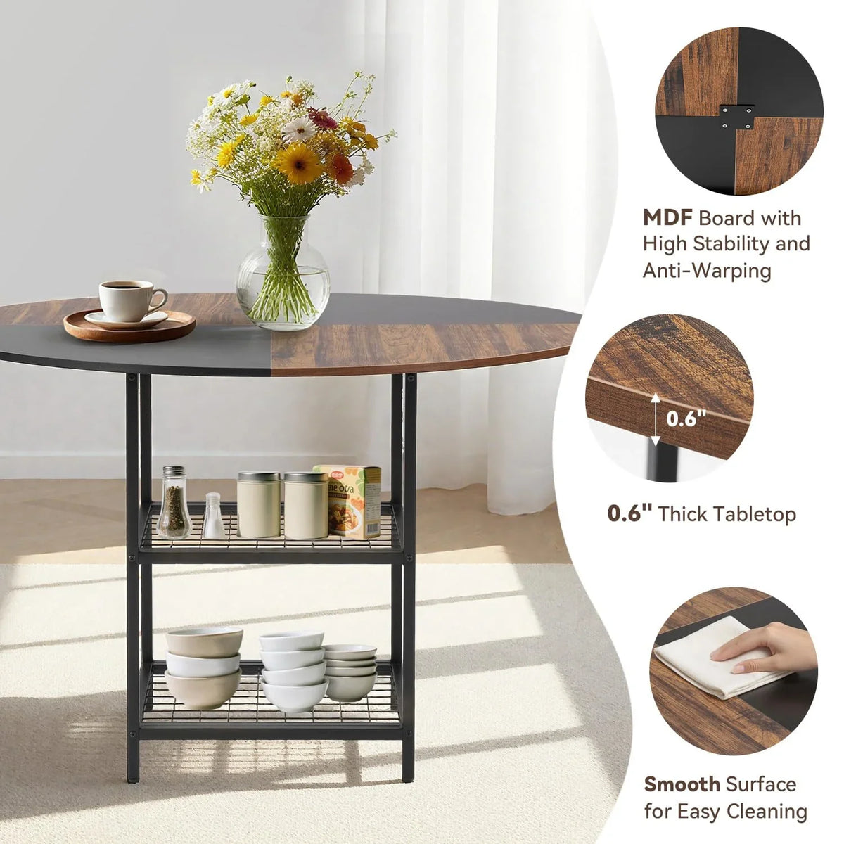 EROMMY Round Dining Table for 4, Wood Kitchen Table with Storage Shelves, Farmhouse Dinner Table for Home Dining Room Kitchen Living Room, Black Rustic Brown(Only Table)