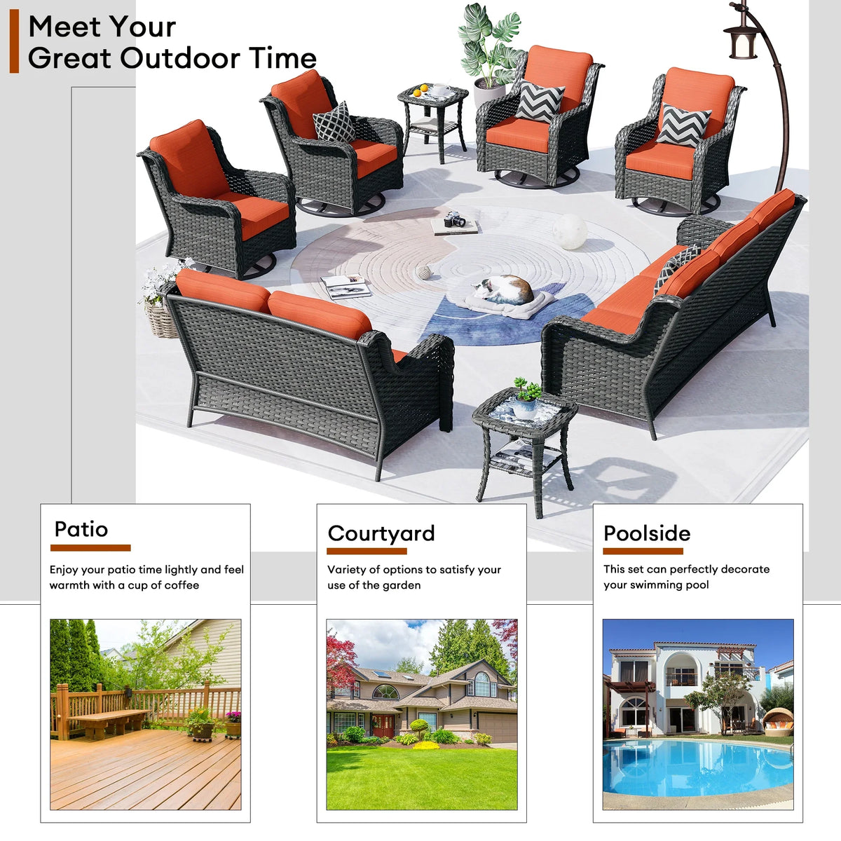 Ovios 8-Piece Wicker Outdoor Sectional Patio Set with Swivel Chairs and Loveseat, Gray
