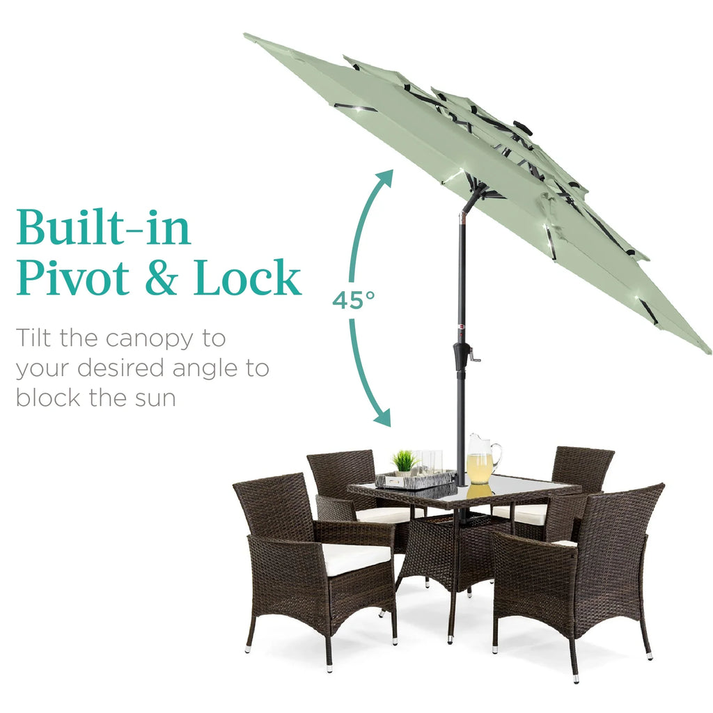 Best Choice Products 10ft 3-Tier Solar Patio Umbrella w/ 24 LED Lights, Tilt Adjustment, Easy Crank - Tan