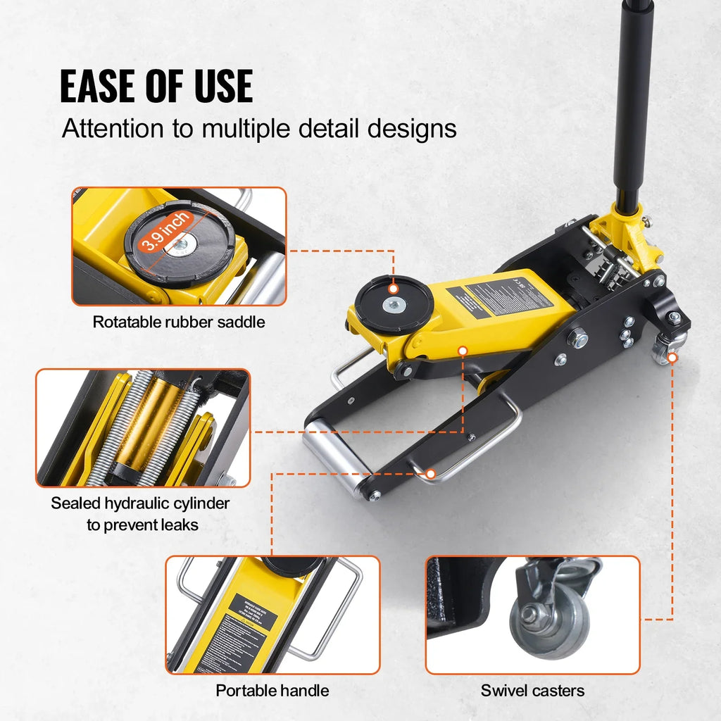 KFFKFF Low Profile Floor Jack, 2 Ton Capacity, Dual Piston Fast Pump, Hydraulic Auto Jack, 3.2"-14.6" Lift Range, Robust for Racing & Heavy Duty Use (Yellow)