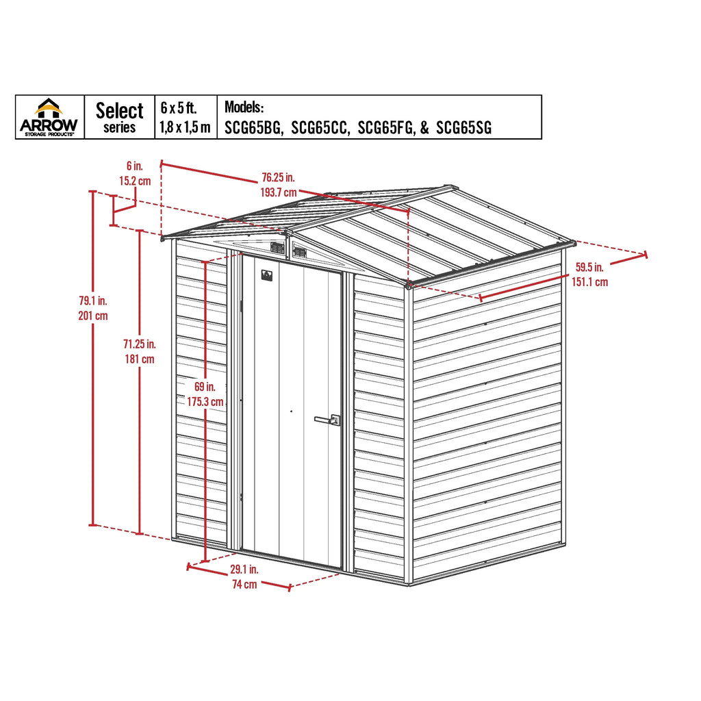 Arrow Select Steel Storage Shed Steel Storage Shed, 6x5, Charcoal