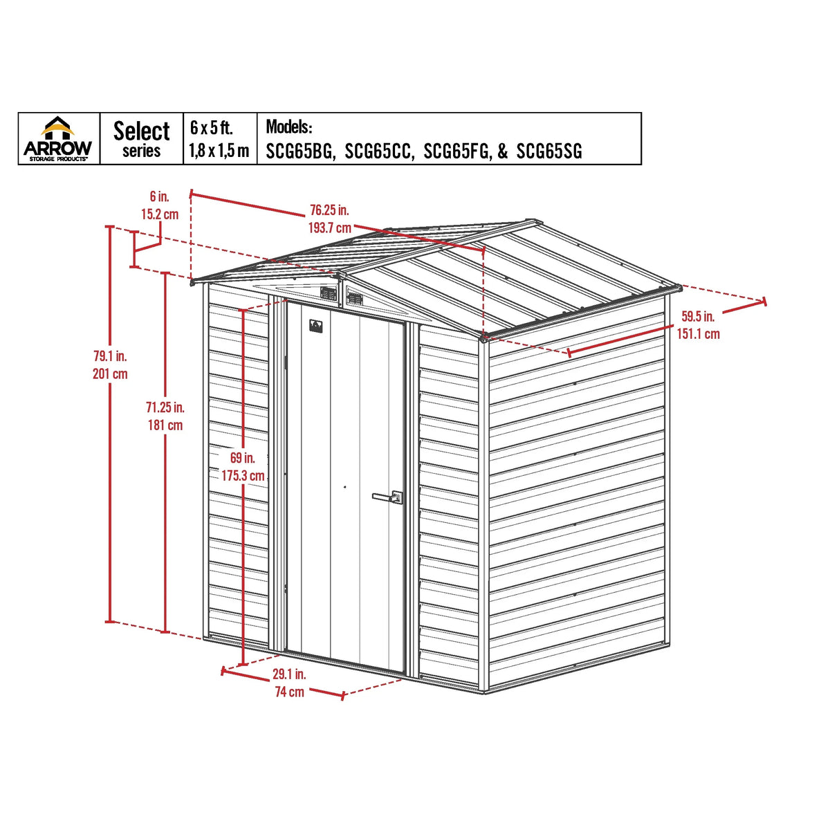Arrow Select Steel Storage Shed Steel Storage Shed, 6x5, Charcoal