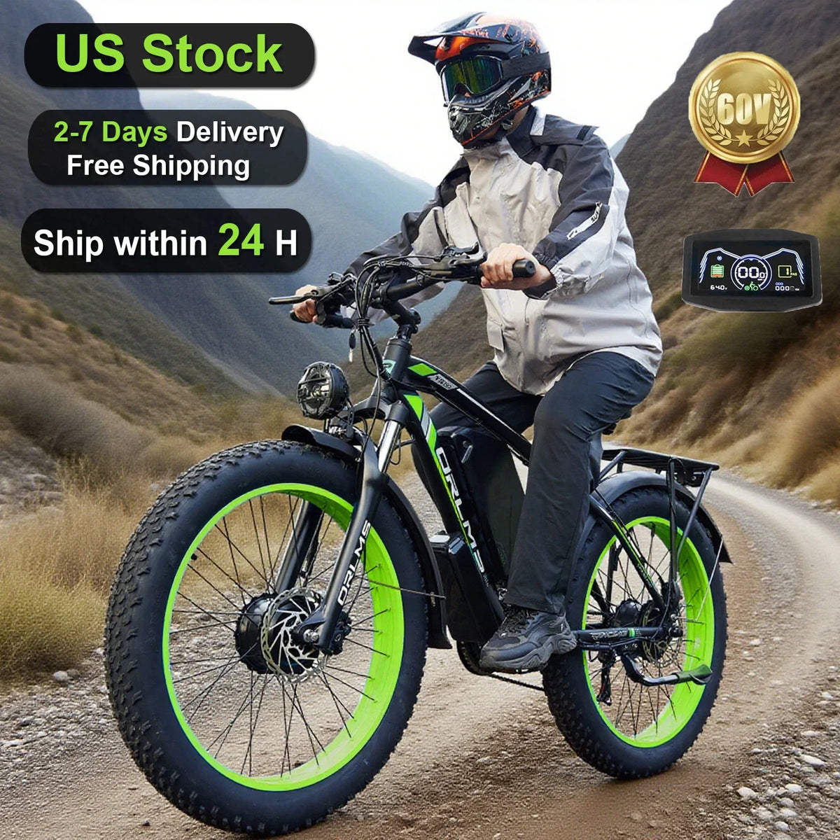 (US in Stock) 5000W Peak Dual Motor Electric Bike for Adults, 60V 25AH Removable Battery Ebike, 50MPH AWD 21-Speed Mountain Snow E-Bike with 26" x 4.0 Fat Tire, Long Range Mountain Off-Road EBikes