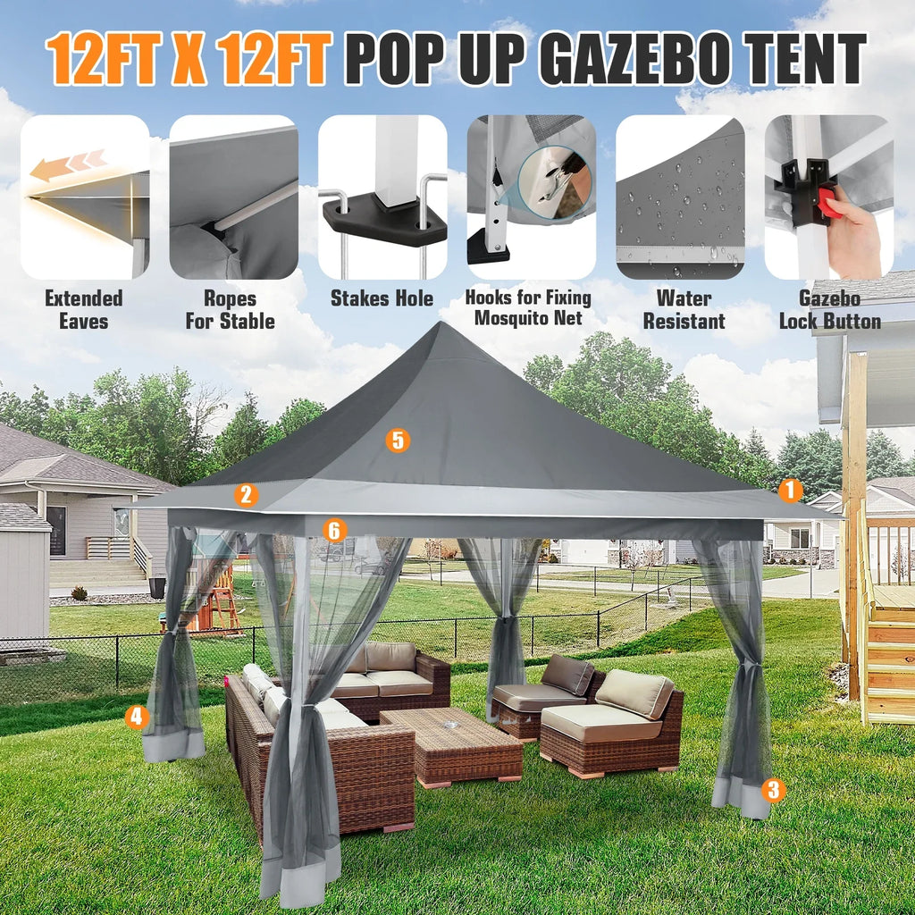 HOTEEL 12x12 Outdoor Pop-up Gazebo Canopy with Mosquito Netting 2-Tiered Vented Top 3 Adjustable Height for Backyard, Garden, Lawn,Light Grey