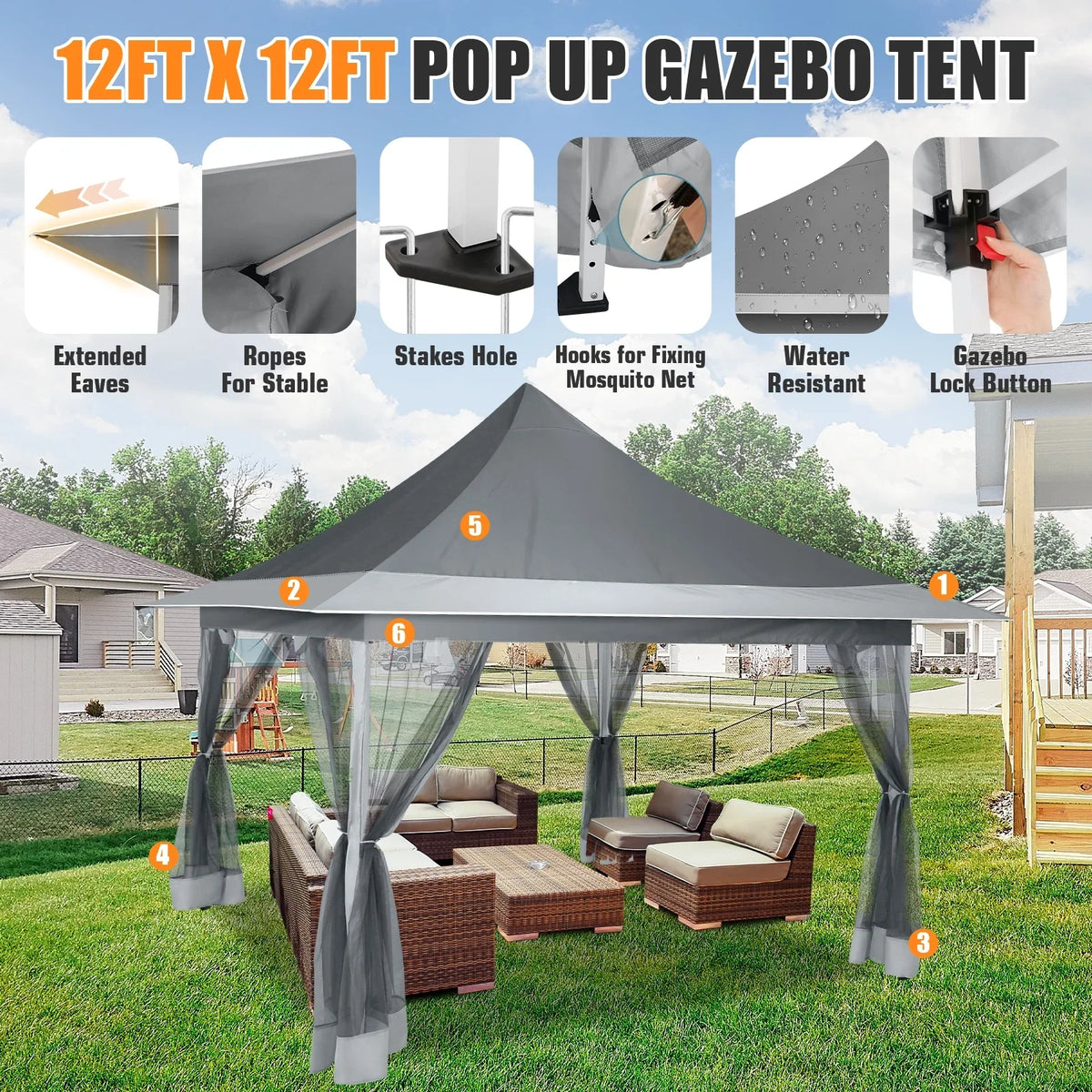 HOTEEL 12x12 Outdoor Pop-up Gazebo Canopy with Mosquito Netting 2-Tiered Vented Top 3 Adjustable Height for Backyard, Garden, Lawn,Light Grey