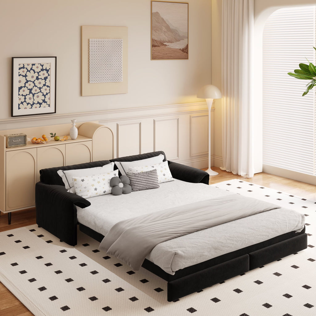 66" Queen Pull Out Sofa Bed, 3-in-1 Convertible Sleeper Sofa with Side Storage,Multi-Functional Velvet Loveseat Bed for Living Room,Bedroom