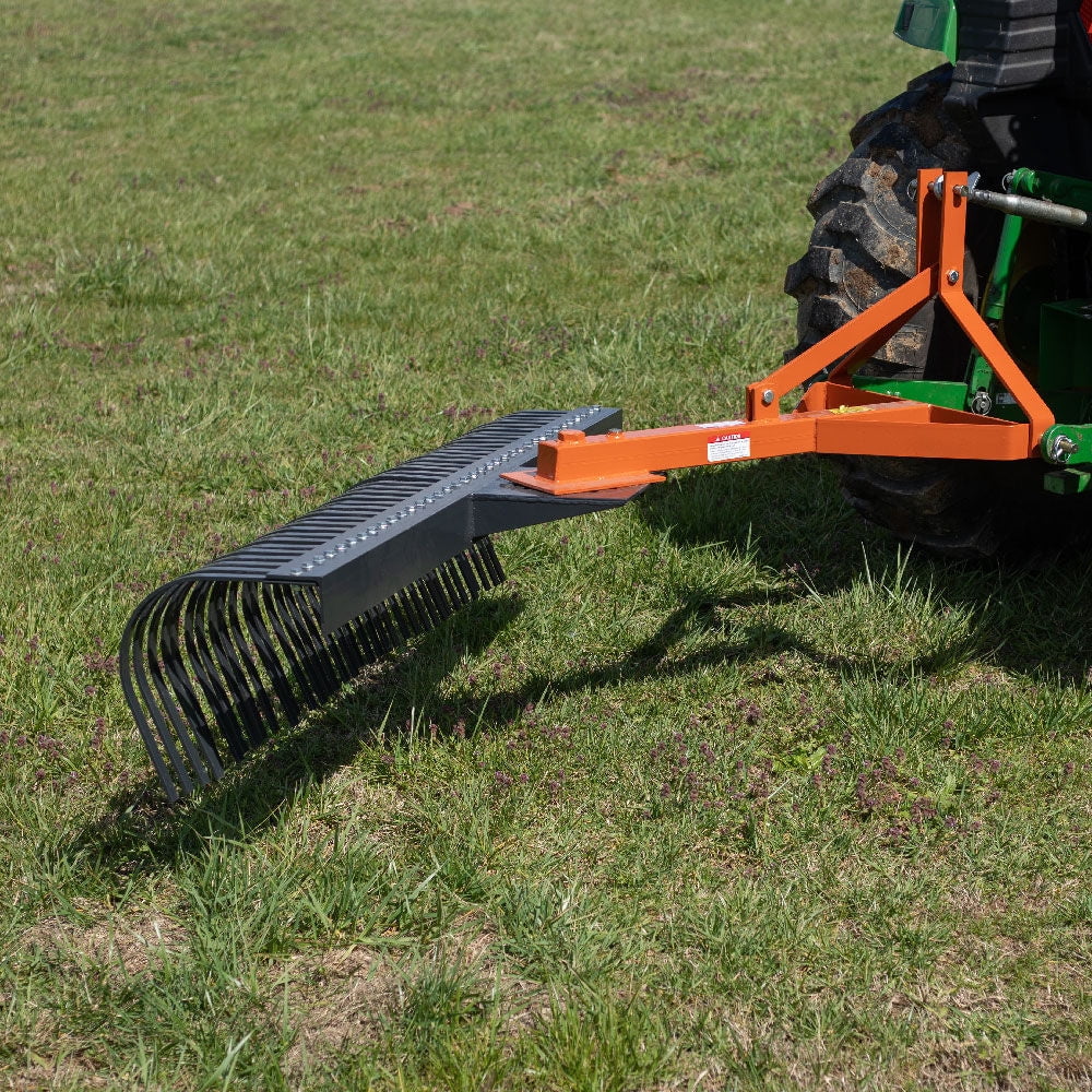 Titan Attachments 3 Point 5 FT Landscape Rake with Bolt-On Wheels for Compact Tractors, Fits Category 1 Hookup, Tow-Behind Garden Tool, Landscaper, and Grass Comb