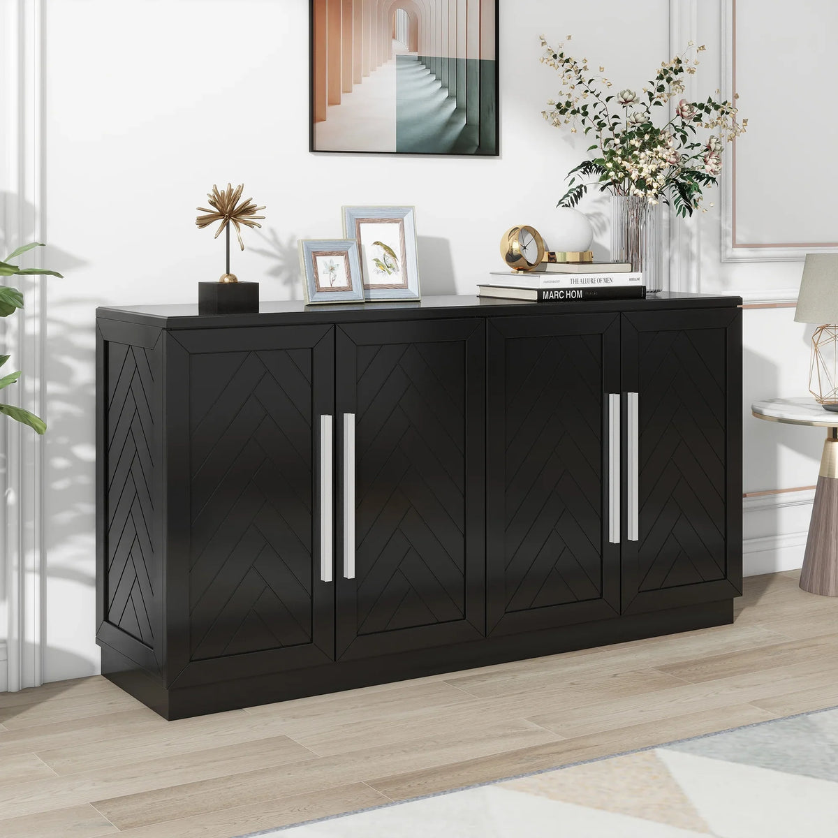 4-Door Buffet Sideboard, Modern Large Storage Cabinet Furniture with Adjustable Shelves&Silver Handles, Accent Cabinet Table, Console Table Cabinet for Kitchen Living Room Entryway Hallway, Navy Blue