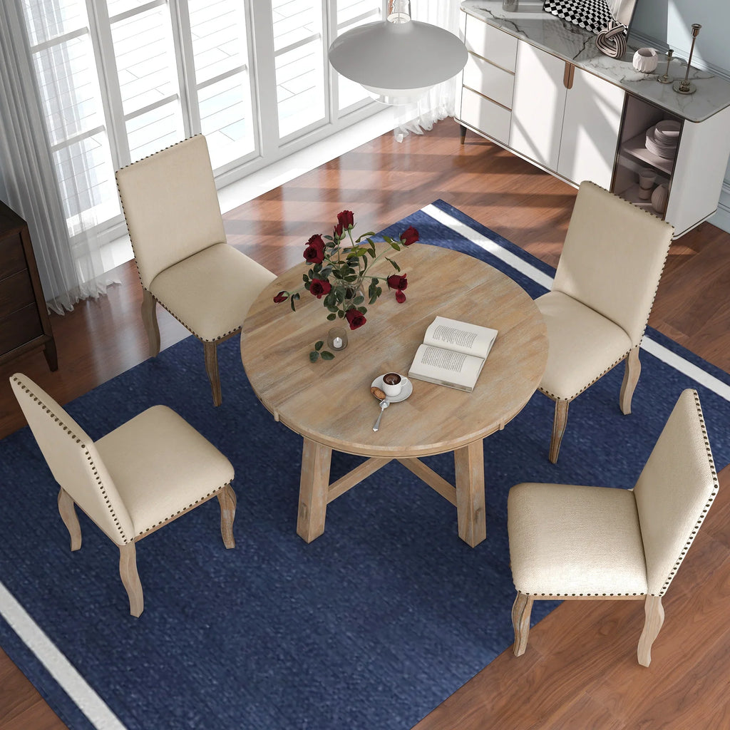 Harper & Bright Designs Round Extendable Dining Table Set for 4, 5 Piece Farmhouse Wood Dining Table Set with 4 Upholstered Dining Chairs, Natural Wood Wash