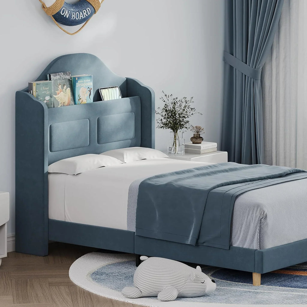 BouPower Twin Size Bed Frame with LED Lights,Platform Bed with Wing Back Storage Headboard,Upholstered Twin Bed,No Box Spring Needed,Easy Assembly