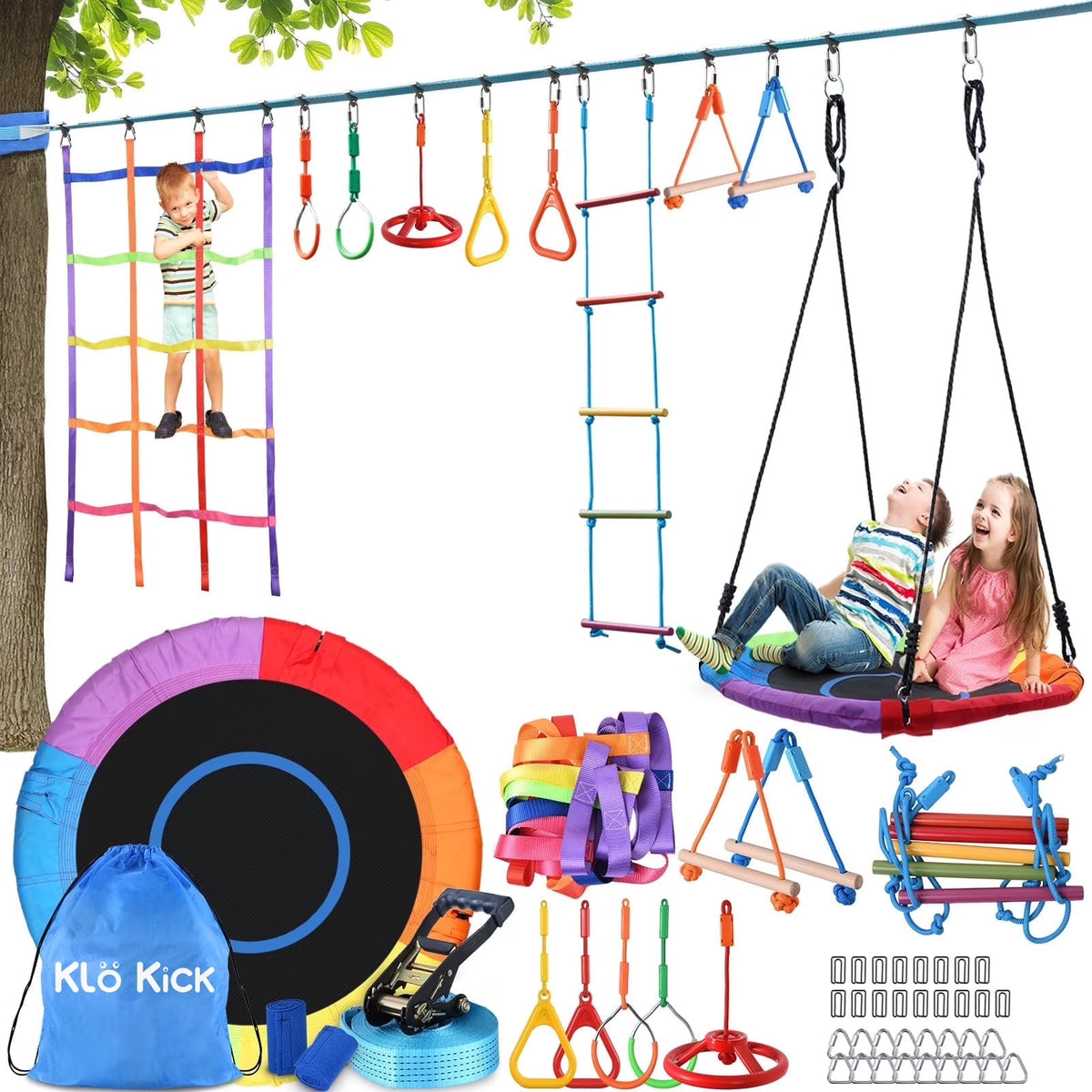 KloKick 50ft Ninja Warrior Obstacle Course with Slackline Monkey Bars and Saucer Swing