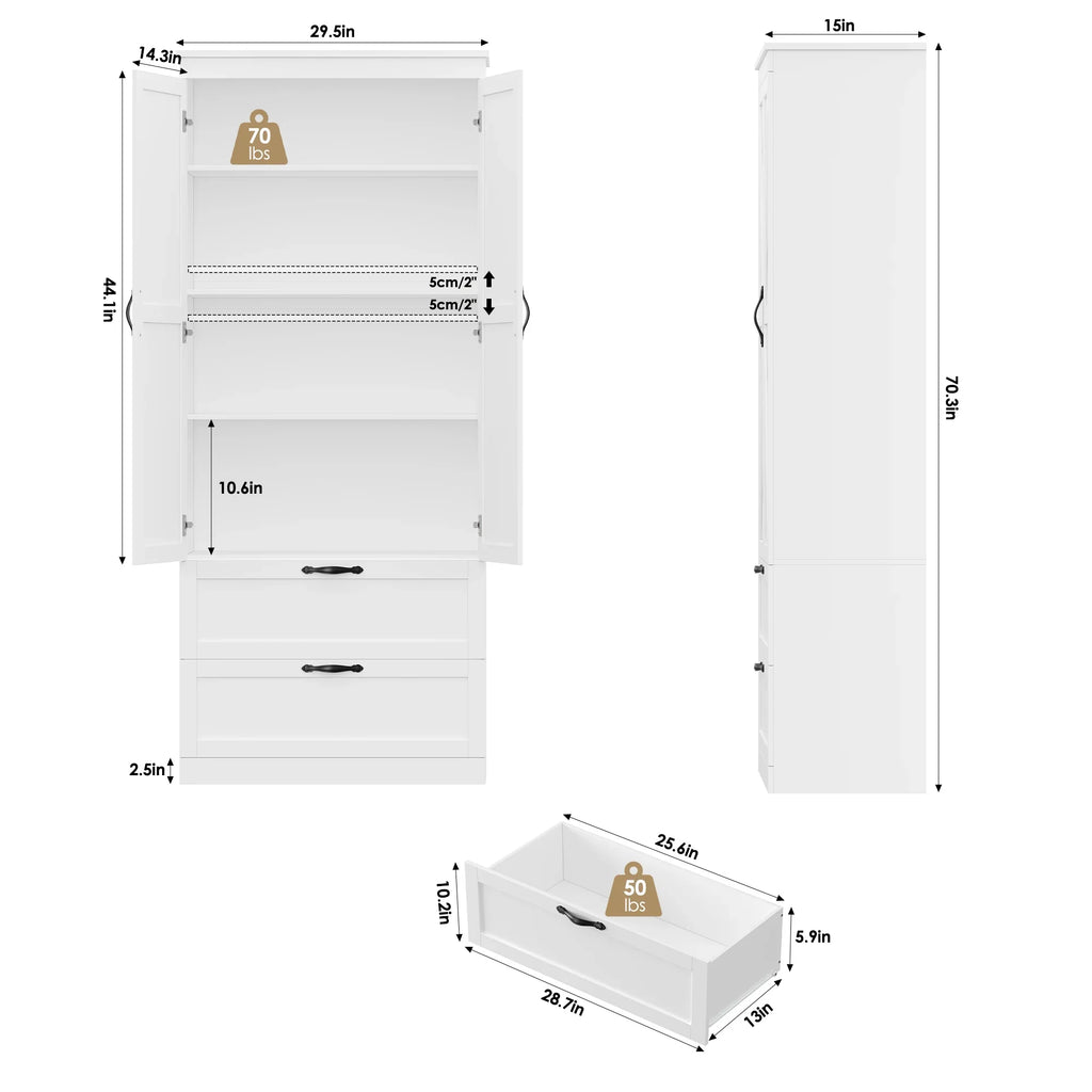 Homfa 70.3"H Bathroom Storage Cabinet, Farmhouse Linen Storage Cabinet with 2 Drawers, White