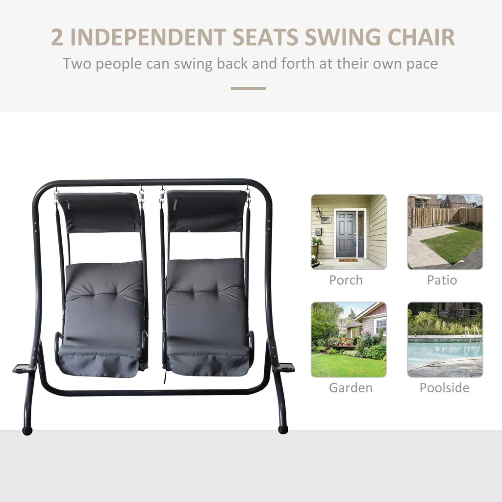 Outsunny 2-Seat Modern Steel Canopy Porch Swing with Cup Holder and Cushions, Beige/Black