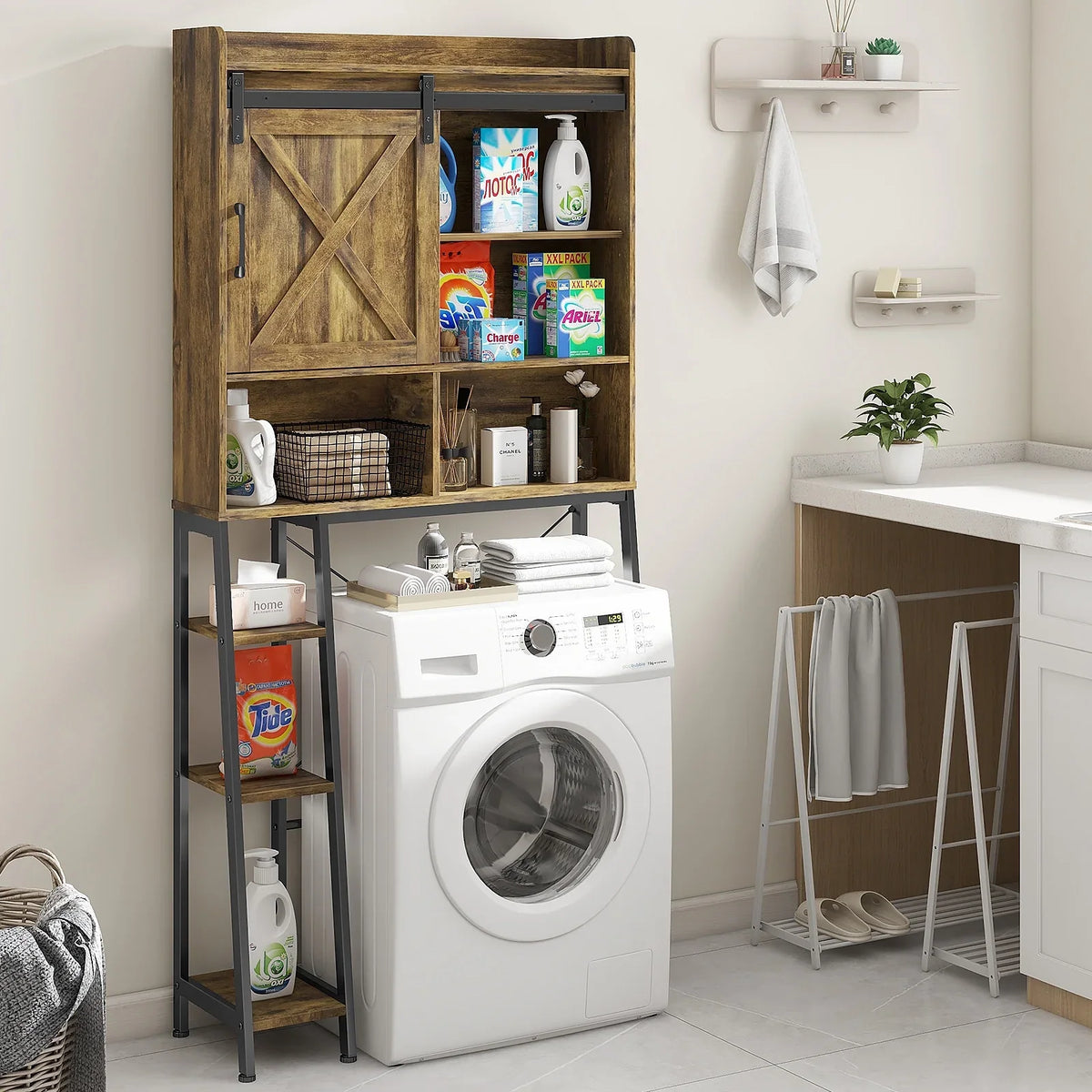 Vabches Over The Toilet Storage Cabinet with Sliding Door and Integrated Toilet Paper Holder, Ideal for Bathrooms, Restrooms, and Laundry Rooms.