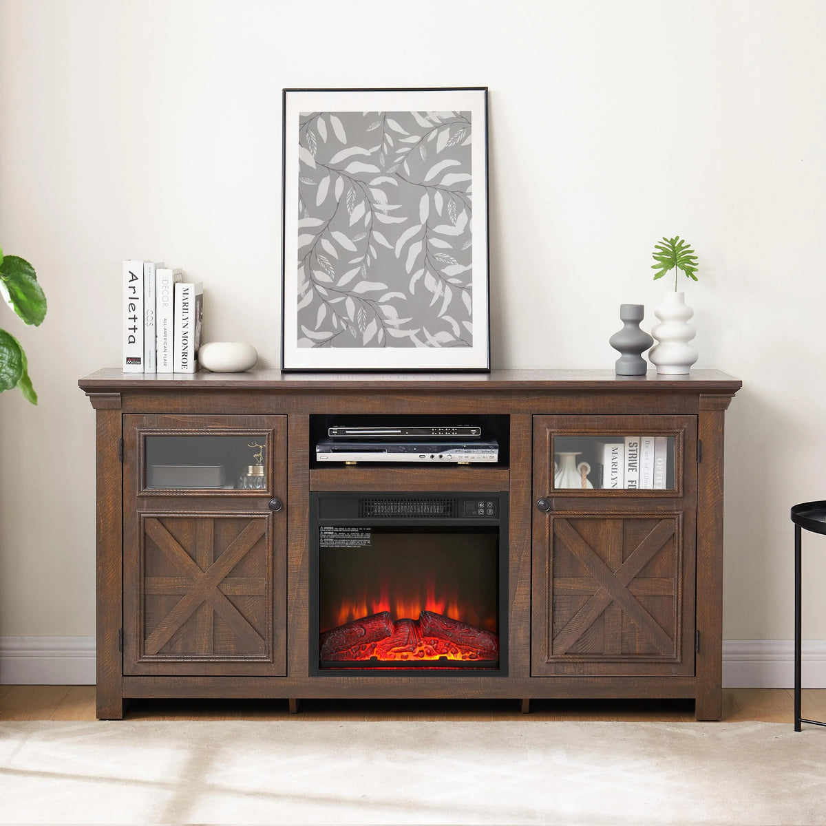 PAPROOS Fireplace TV Stand for 65 Inch TV, Modern Farmhouse TV Cabinet with 23'' Electric Fireplace, Entertainment Center Television Console Table for Living Room, Black+Brown