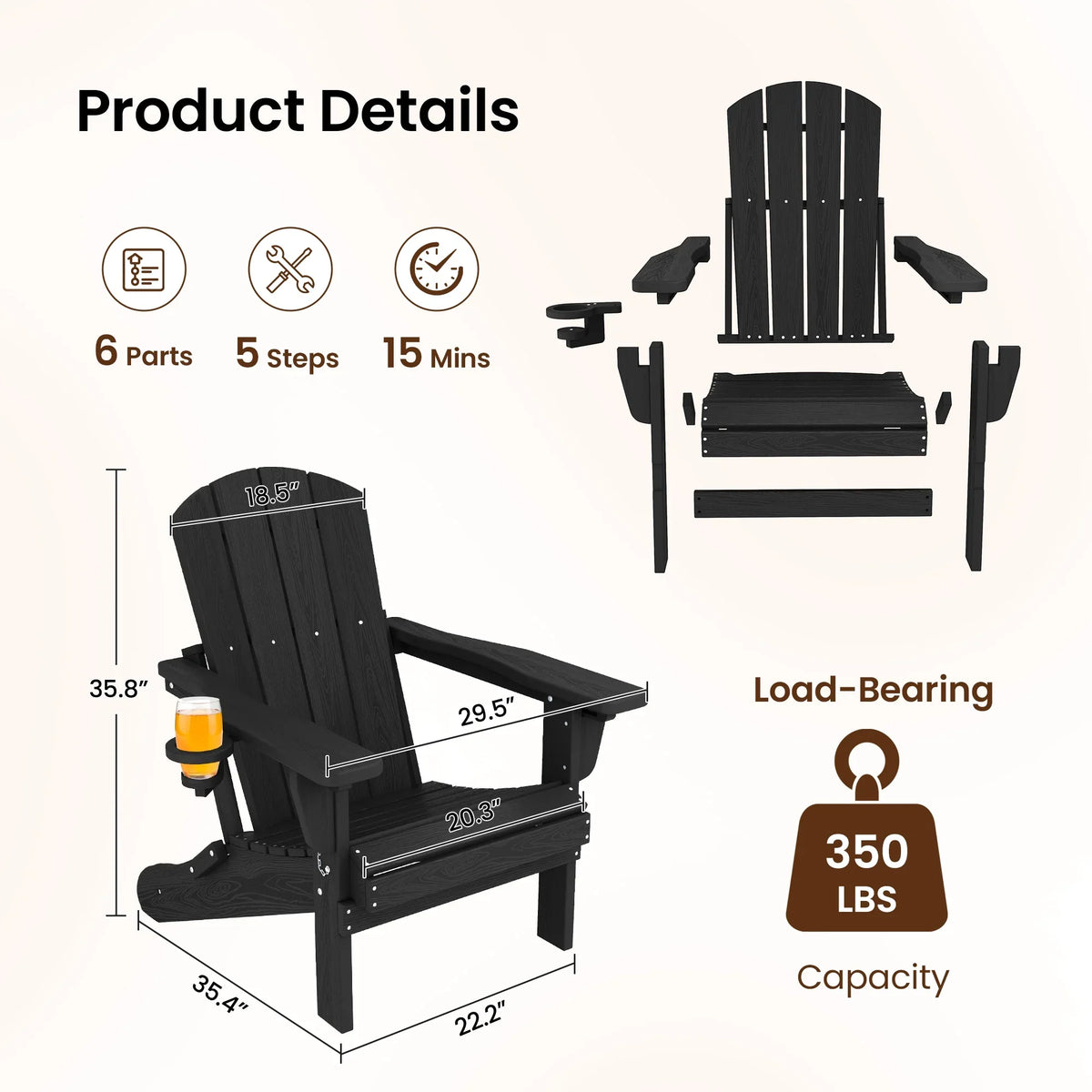 SERWALL Outdoor Adjustable Folding HDPE Adirondack Chairs Set of 2 with Cup Holder, Gray