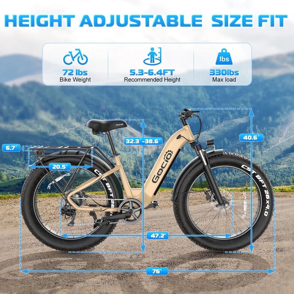 Gocio Electric Bike for Adults, 26" Fat Tire E-Mountain Bike, 1350W Peak Motor 48V 15Ah Battery, 22MPH 7-Speed Ebike for off Road, UL 2849